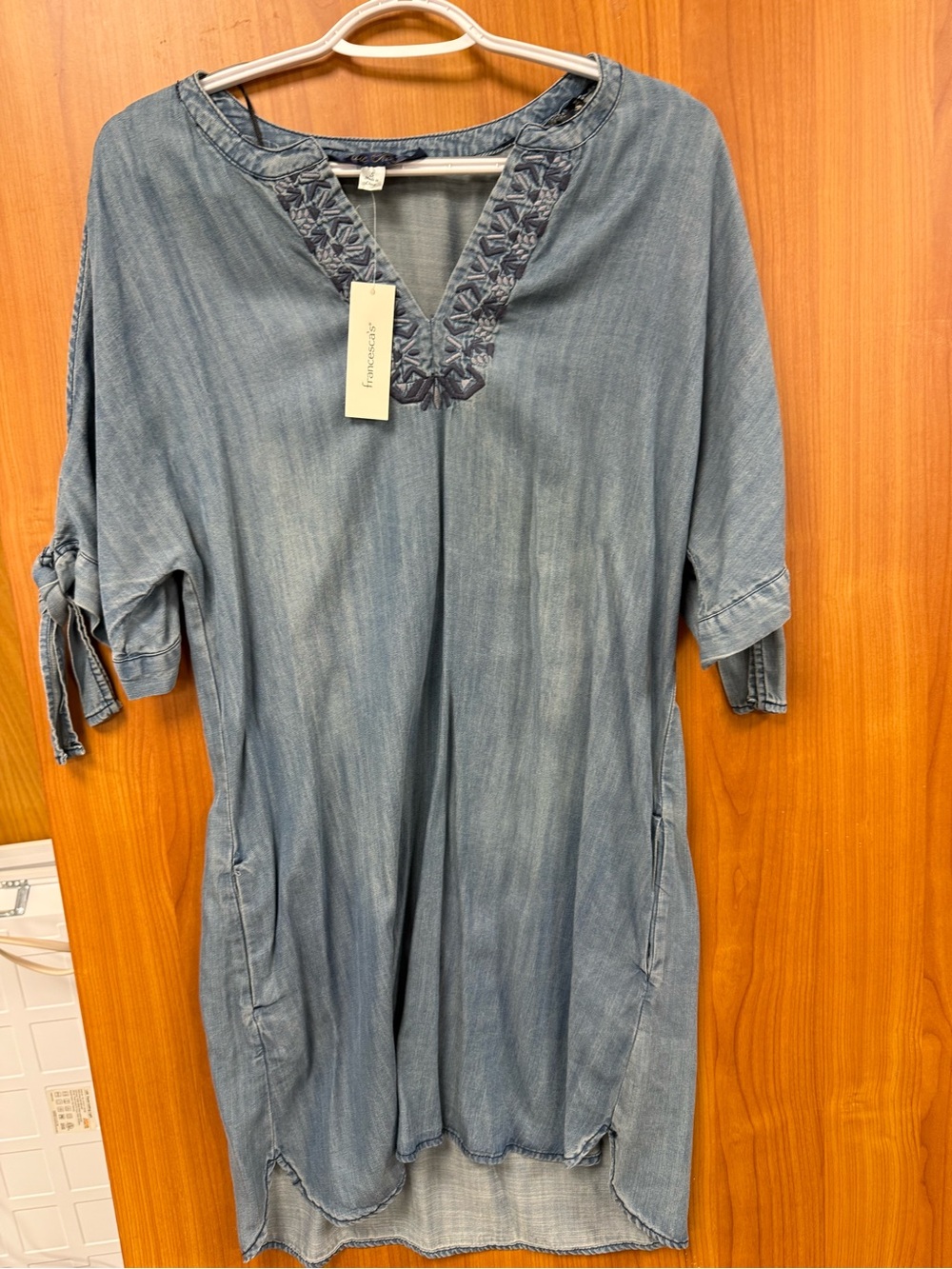 Francesca's Collections Faded Blue Denim-Effect Embroidered V-Neck Mini Dress